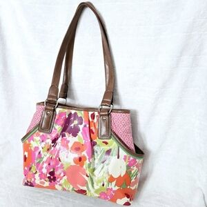 Cute Pink & Orange Floral Print Handbag‎ W/Green Interior Summer Colorful Artsy